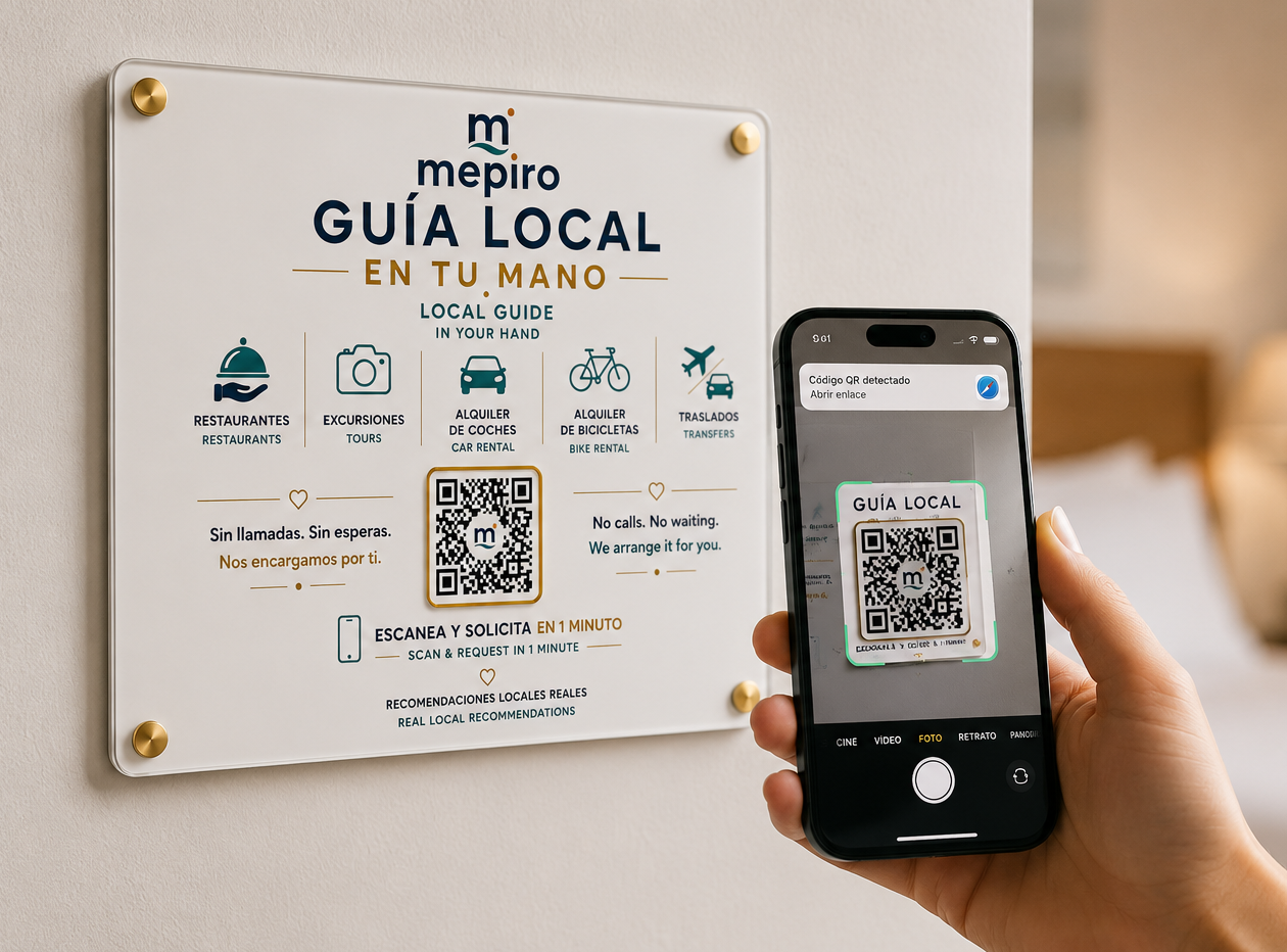 Mepiro QR-Schild in einer Unterkunft, das von einem Gast mit dem Smartphone gescannt wird